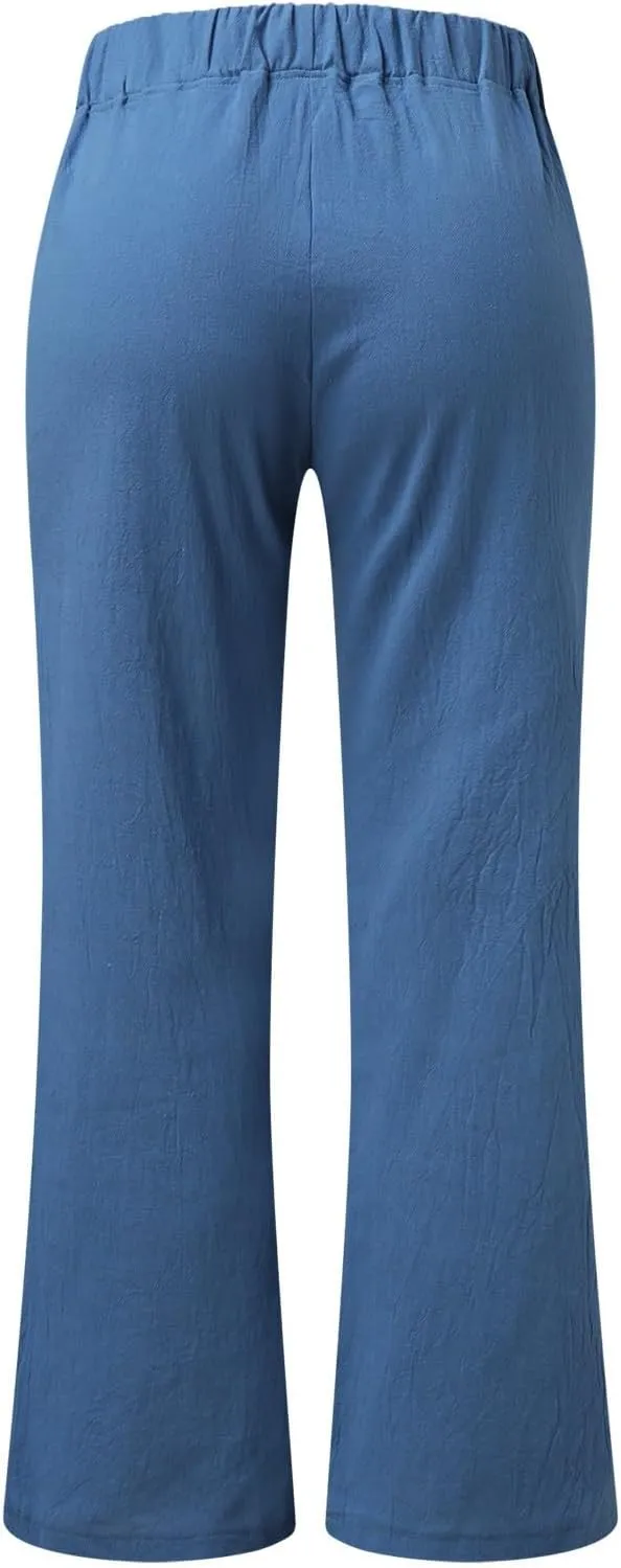 Womens Linen Summer Fashion Pants Elastic Waisted Wide Leg Slim Fit Trousers Trendy