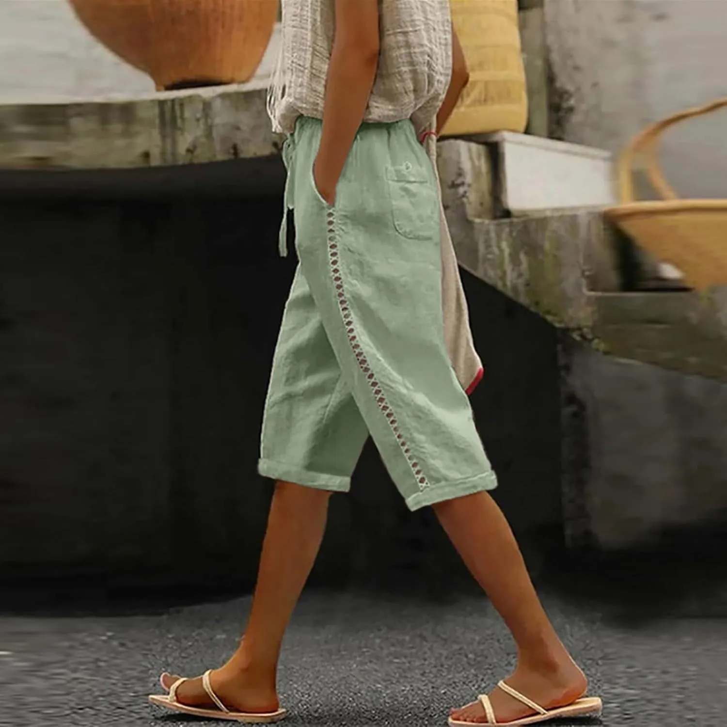 Women's Linen Summer Flowy Palazzo Pants Low Waist Bootcut Slim-Fit Palazzo Pants Work Business