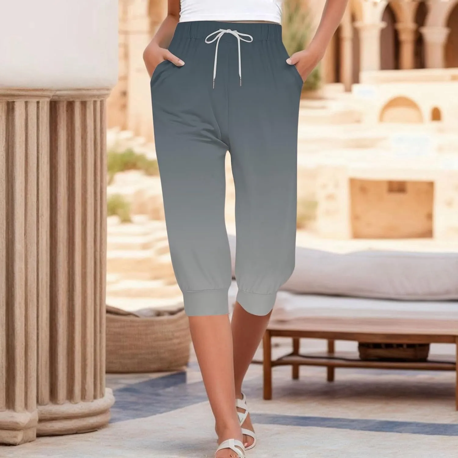Womens Linen Summer Letter Patched Palazzo Lounge Pants High Waist Wide Leg Slim-Fit Palazzo Pants Beach
