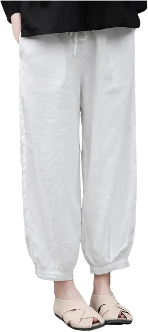 Women's Linen Summer Print Palazzo Lounge Pants Elastic Waisted Bootcut Plus Size Trousers Business Work