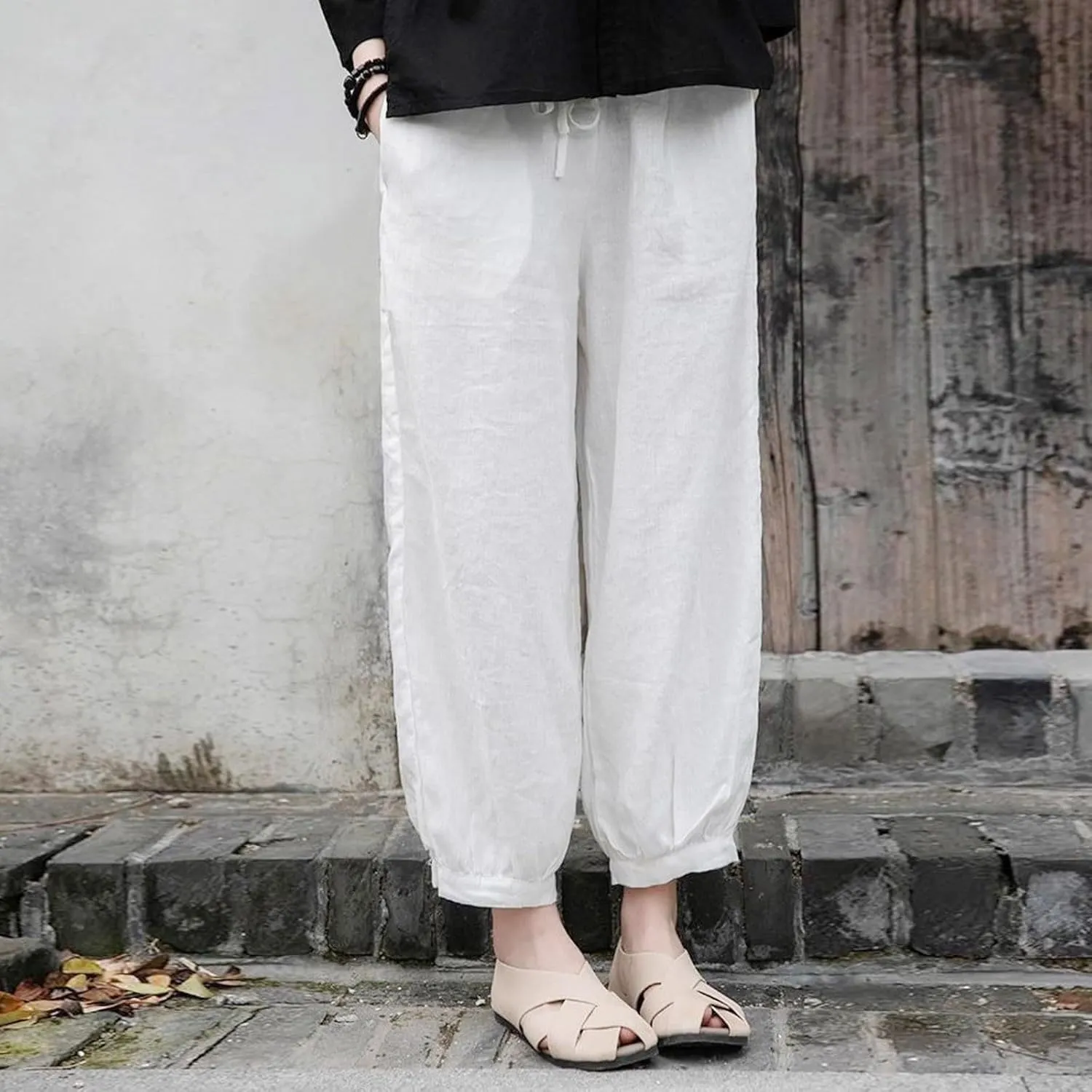 Women's Linen Summer Print Palazzo Lounge Pants Elastic Waisted Bootcut Plus Size Trousers Business Work