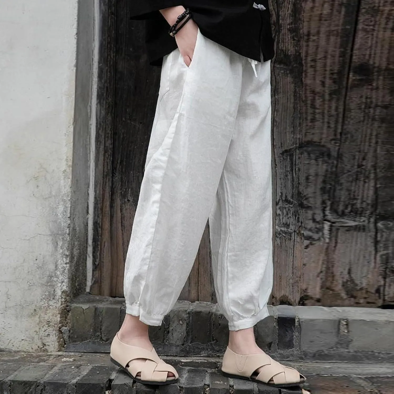 Women's Linen Summer Print Palazzo Lounge Pants Elastic Waisted Bootcut Plus Size Trousers Business Work