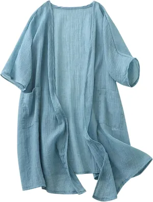 Womens Long Cardigans Lightweight Cover Up Fall Casual Loose Fit Half Sleeve Cotton Tops Beach Coverups with Pockets