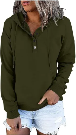 Womens Long Sleeve Fleece Hoodies 1/4 Button Sweatshirts Loose Fit Casual Fashion Pullover Tops with Pocket