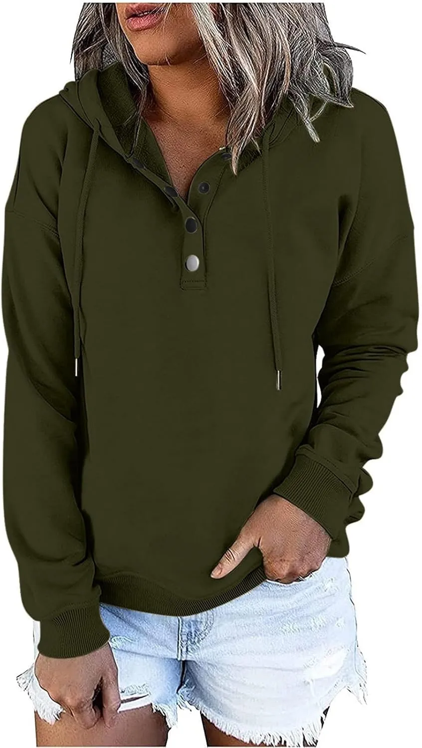 Womens Long Sleeve Fleece Hoodies 1/4 Button Sweatshirts Loose Fit Casual Fashion Pullover Tops with Pocket