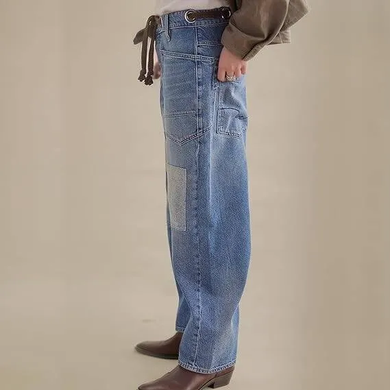 Womens Moxie Pull-On Barrel Jeans Mid-Low Rise Boyfriend Drawstring Ankle Baggy Jeans Elastic Waist Stretchy Denim Pants