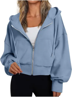 Womens Oversized Full Zip Up Hoodie with Pockets Petite Length Fleece Coats Y2K Casual Loose Fit Apparel Clothes
