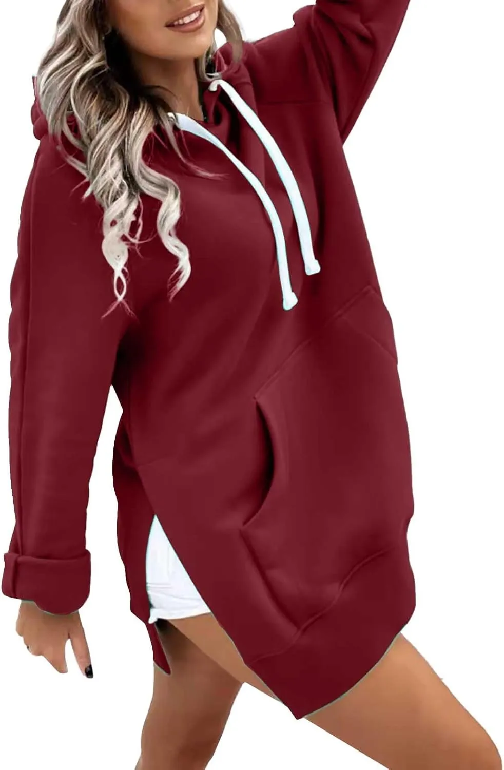Women's Oversized Hoodie Dress Casual Pullover Long Sleeve Split Hem Sweatshirts Drawstring Hoodies Dress With Pocket
