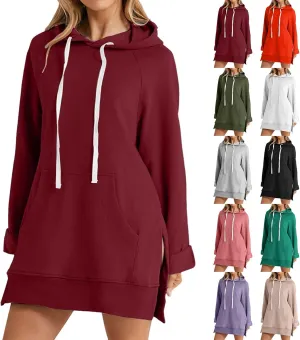 Women's Oversized Hoodie Dress Casual Pullover Long Sleeve Split Hem Sweatshirts Drawstring Hoodies Dress With Pocket