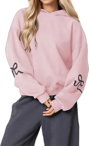 Womens Oversized Hoodies Bow Graphic Print Sweatshirts Casual Long Sleeve Shirts Pullover Hooded Jacket with Pockets