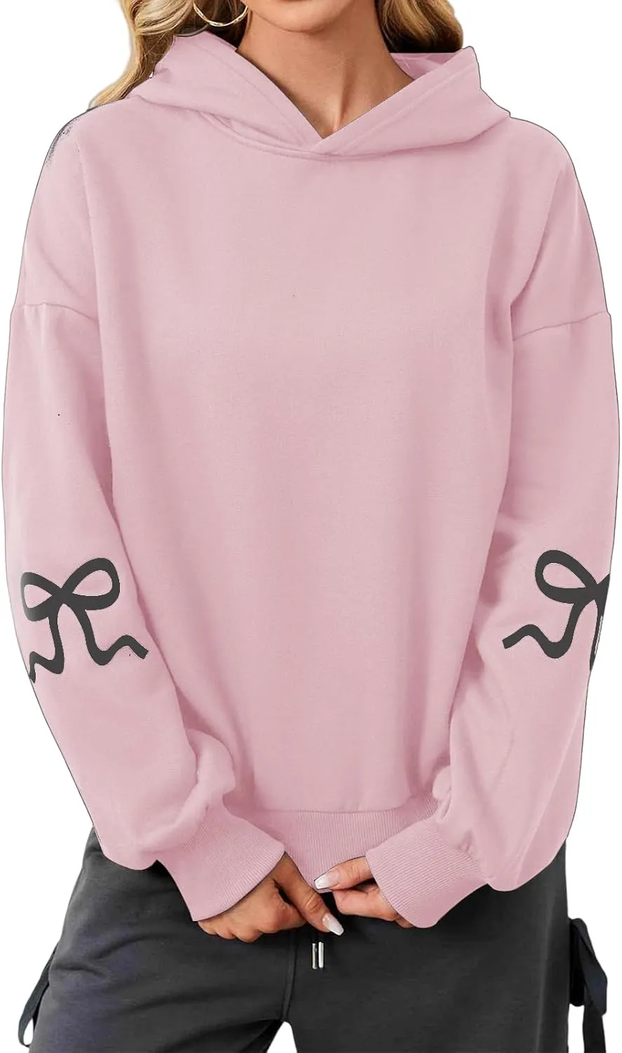 Womens Oversized Hoodies Bow Graphic Print Sweatshirts Casual Long Sleeve Shirts Pullover Hooded Jacket with Pockets