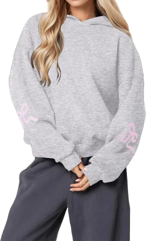 Womens Oversized Hoodies Bow Graphic Print Sweatshirts Casual Long Sleeve Shirts Pullover Hooded Jacket with Pockets