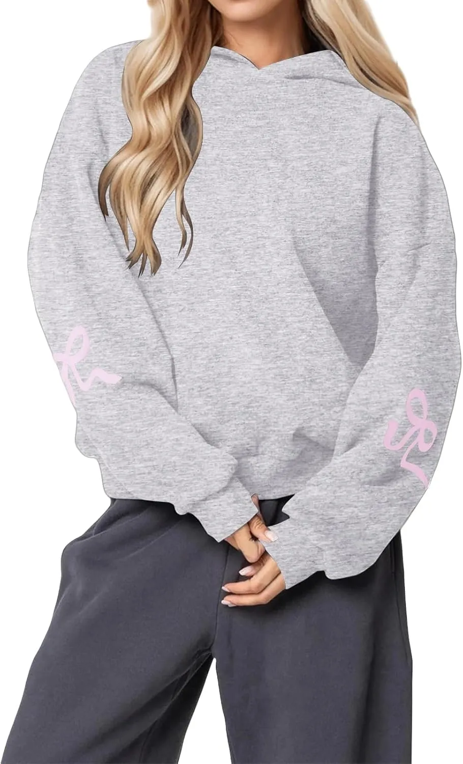 Womens Oversized Hoodies Bow Graphic Print Sweatshirts Casual Long Sleeve Shirts Pullover Hooded Jacket with Pockets