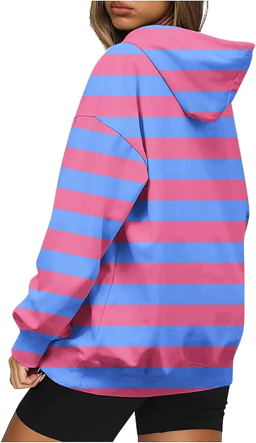 Womens Oversized Hoodies Striped Plus Size Sweatshirts Long Sleeve Sweaters Pullover Fall Clothes with Pocket