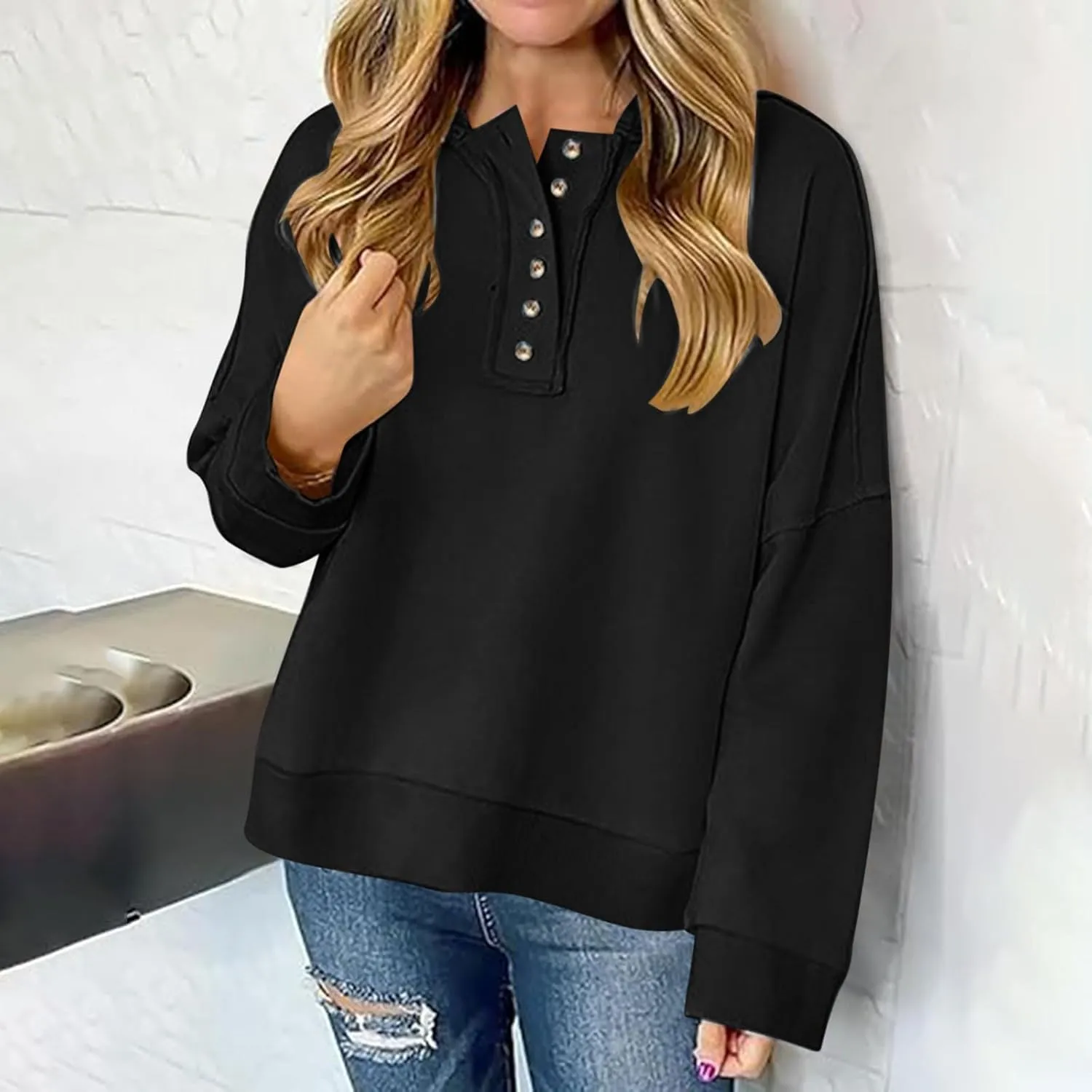 Womens Oversized Sweatshirt Long Sleeve V Neck Button Hoodie Casual Loose Fit Lightweight Sweatshirt Pullover Tops