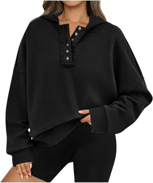 Womens Oversized Sweatshirt Long Sleeve V Neck Button Hoodie Casual Loose Fit Lightweight Sweatshirt Pullover Tops