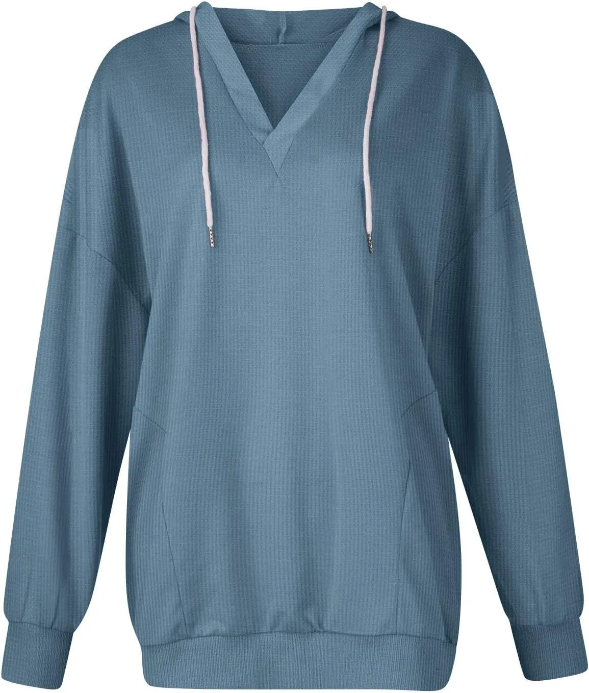 Womens Oversized Sweatshirt V Neck Hoodies Casual Drawstring Hooded Pullover Top Waffle Long Sleeve Workout Tops