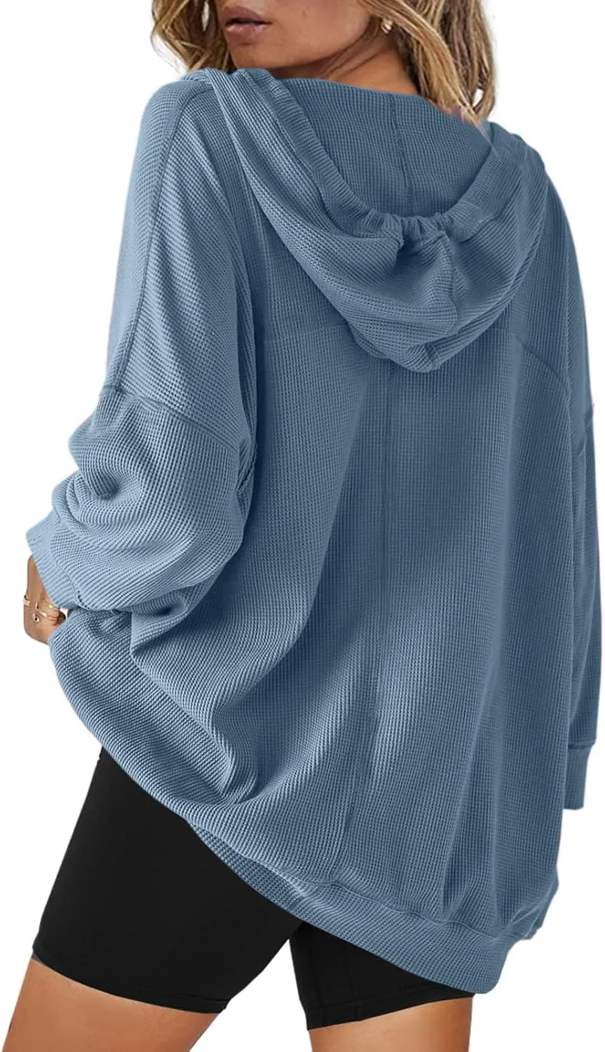 Womens Oversized Sweatshirt V Neck Hoodies Casual Drawstring Hooded Pullover Top Waffle Long Sleeve Workout Tops
