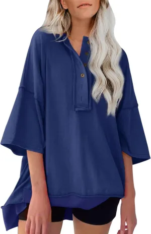 Womens Oversized Sweatshirts 3/4 Length Sleeve Crewneck Pullover Top Drop Shoulder Tees Casual High Low Tunic Tops
