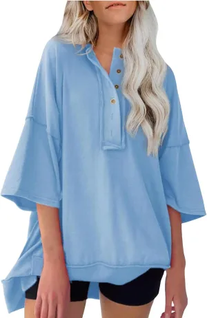 Womens Oversized Sweatshirts 3/4 Length Sleeve Crewneck Pullover Top Drop Shoulder Tees Casual High Low Tunic Tops