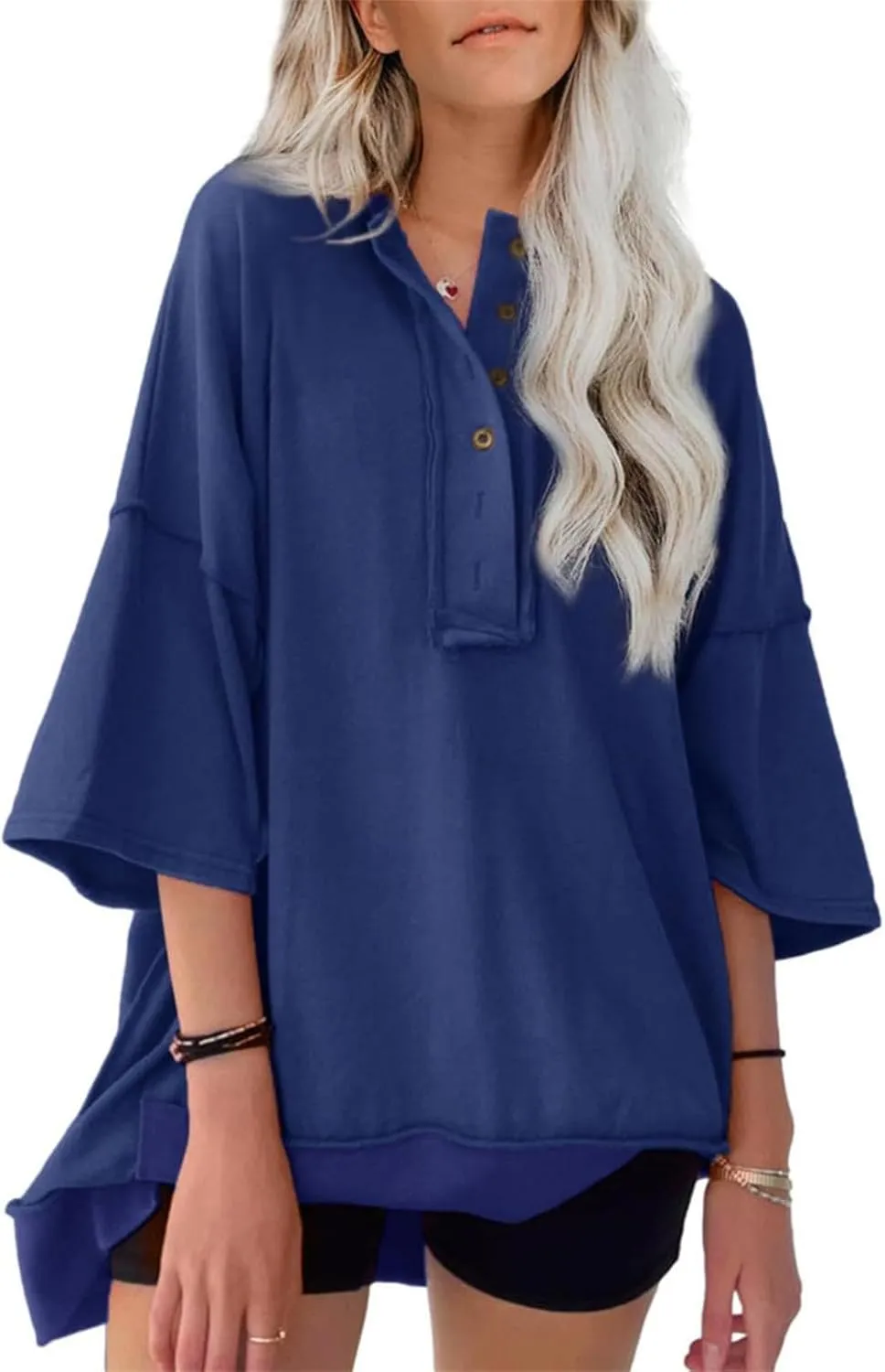 Womens Oversized Sweatshirts 3/4 Length Sleeve Crewneck Pullover Top Drop Shoulder Tees Casual High Low Tunic Tops