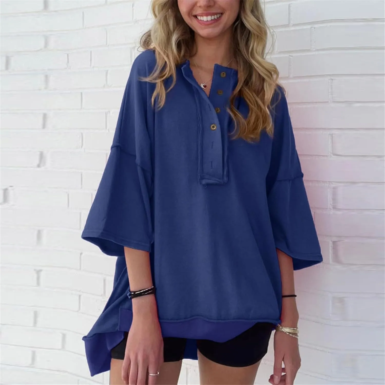 Womens Oversized Sweatshirts 3/4 Length Sleeve Crewneck Pullover Top Drop Shoulder Tees Casual High Low Tunic Tops
