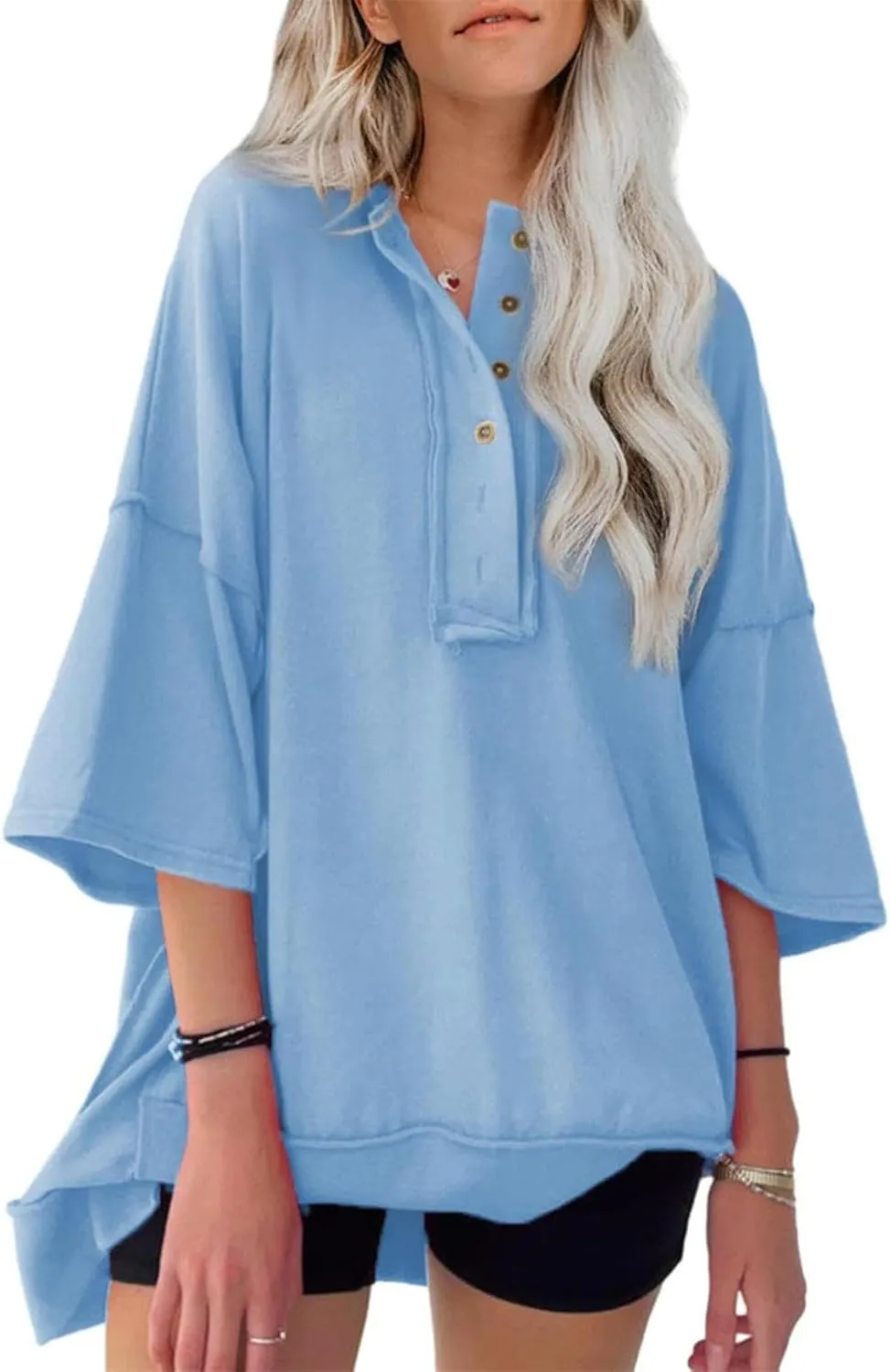 Womens Oversized Sweatshirts 3/4 Length Sleeve Crewneck Pullover Top Drop Shoulder Tees Casual High Low Tunic Tops