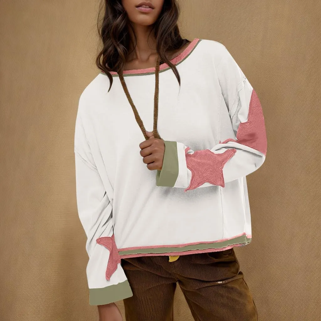 Womens Oversized Sweatshirts Fashion Y2k Tops Casual Crewneck Patchwork Pattern Pullover Shirt 2024 Streetwear