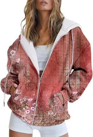 Women's Oversized Zip Up Hoodies Sweatshirts Floral Clothes Teen Girl Fall Drawstring Jackets with Pockets