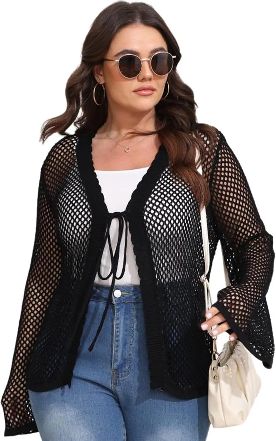 Womens Plus Size Crochet Cardigan Sweater Hollow Out Long Sleeve Open Front Cardigans V Neck Knitted Sweater