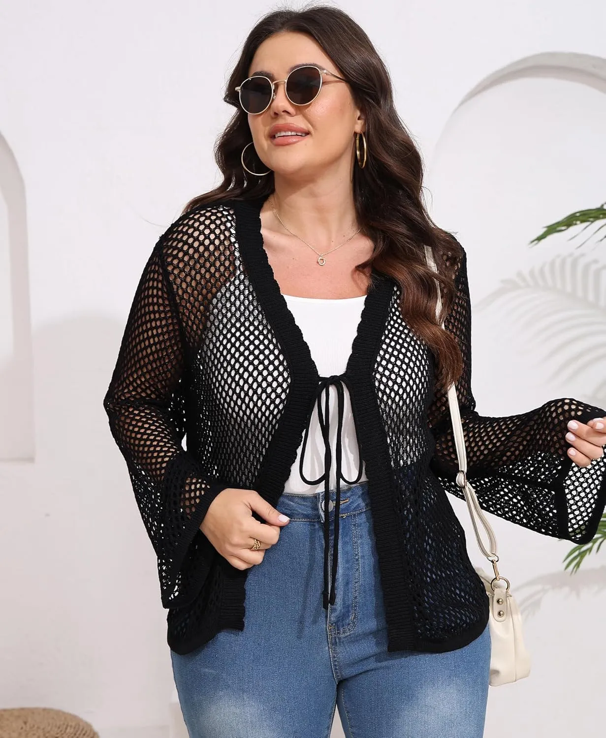 Womens Plus Size Crochet Cardigan Sweater Hollow Out Long Sleeve Open Front Cardigans V Neck Knitted Sweater