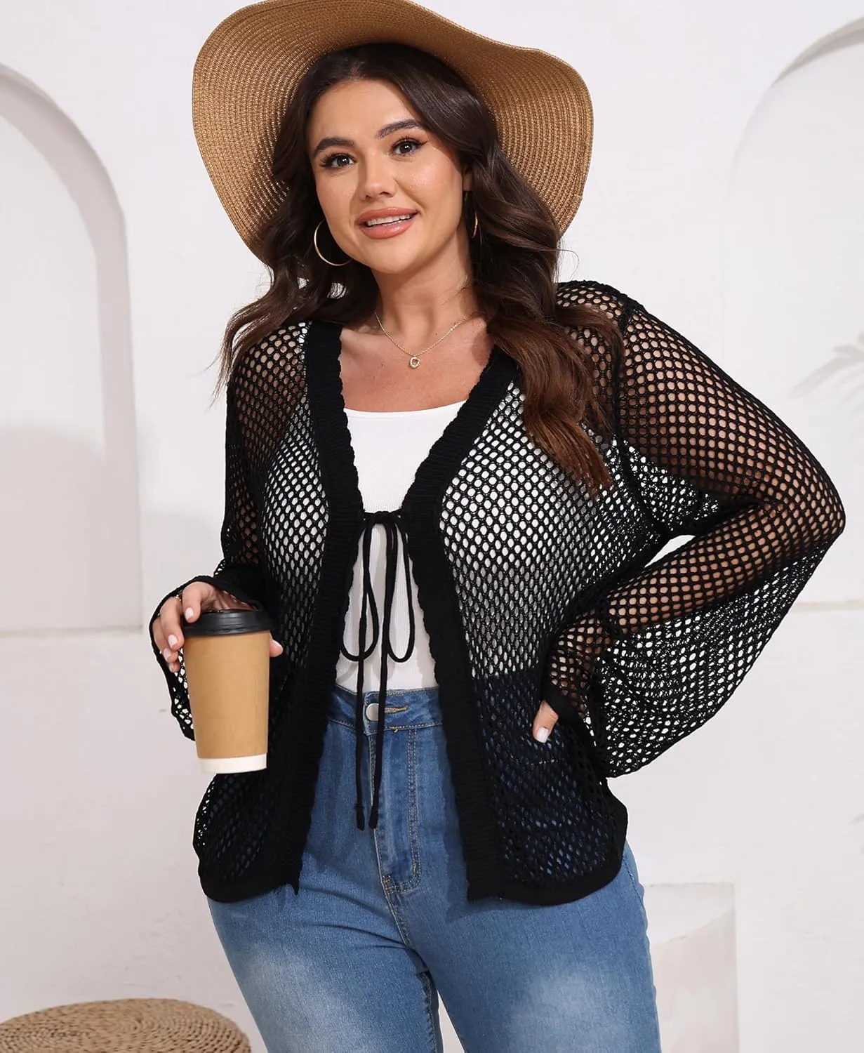 Womens Plus Size Crochet Cardigan Sweater Hollow Out Long Sleeve Open Front Cardigans V Neck Knitted Sweater