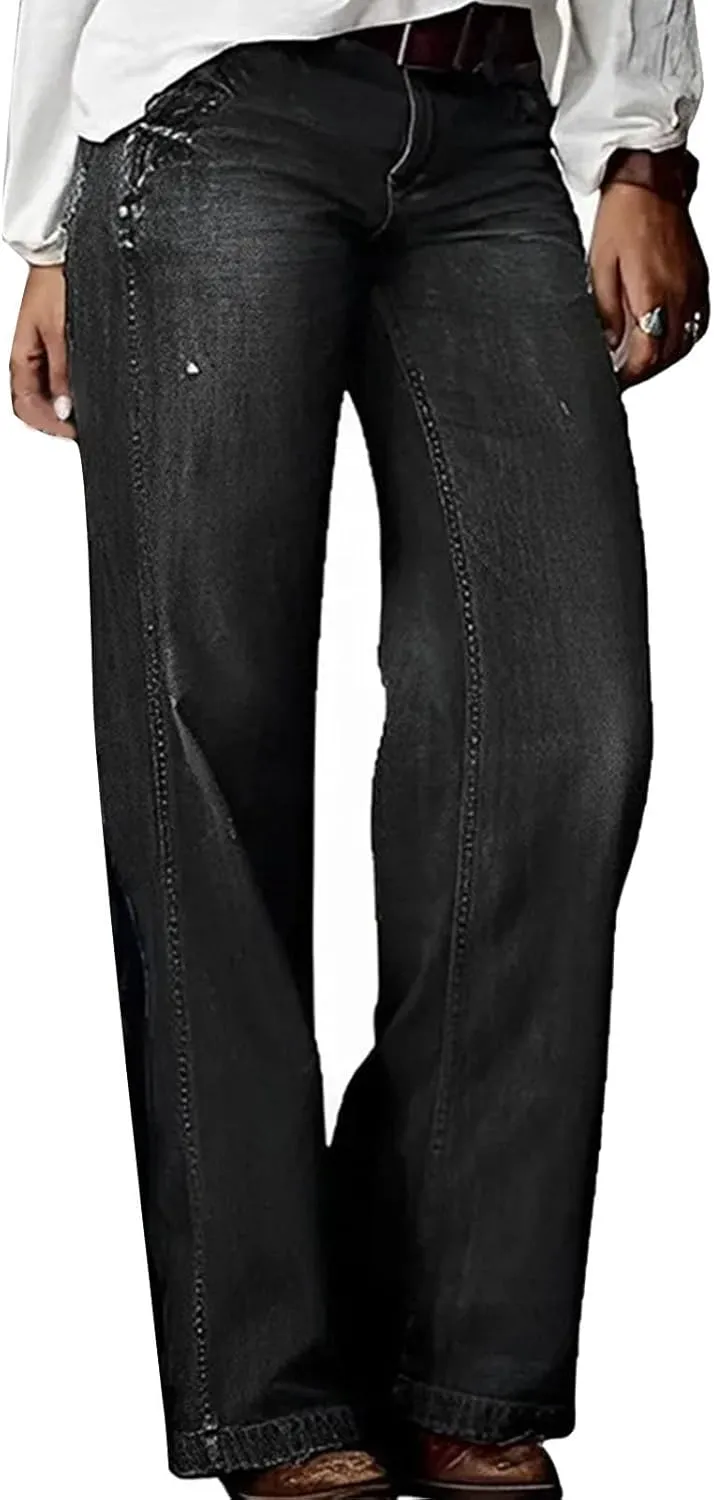 Women's Plus Size Flare Jeans Vintage High Waisted Baggy Wide Leg Denim Pants Straight Leg Pull On Jeans Pockets