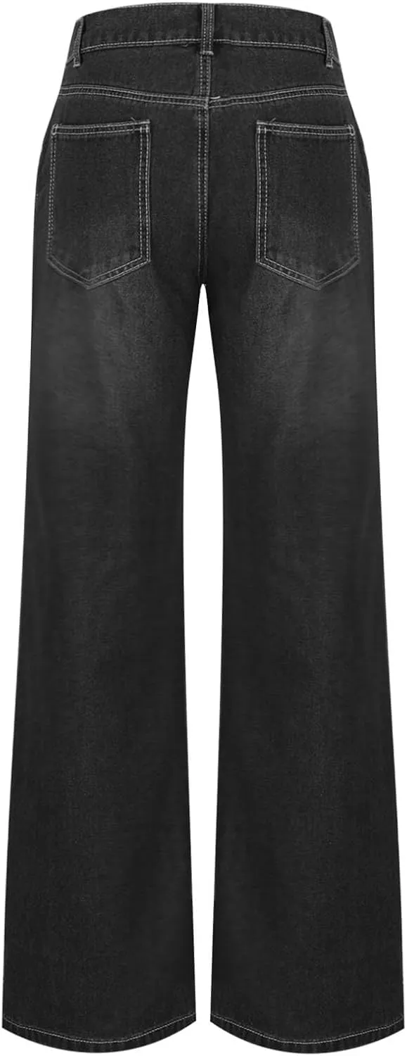 Women's Plus Size Flare Jeans Vintage High Waisted Baggy Wide Leg Denim Pants Straight Leg Pull On Jeans Pockets