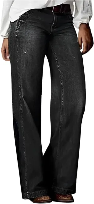 Women's Plus Size Flare Jeans Vintage High Waisted Baggy Wide Leg Denim Pants Straight Leg Pull On Jeans Pockets
