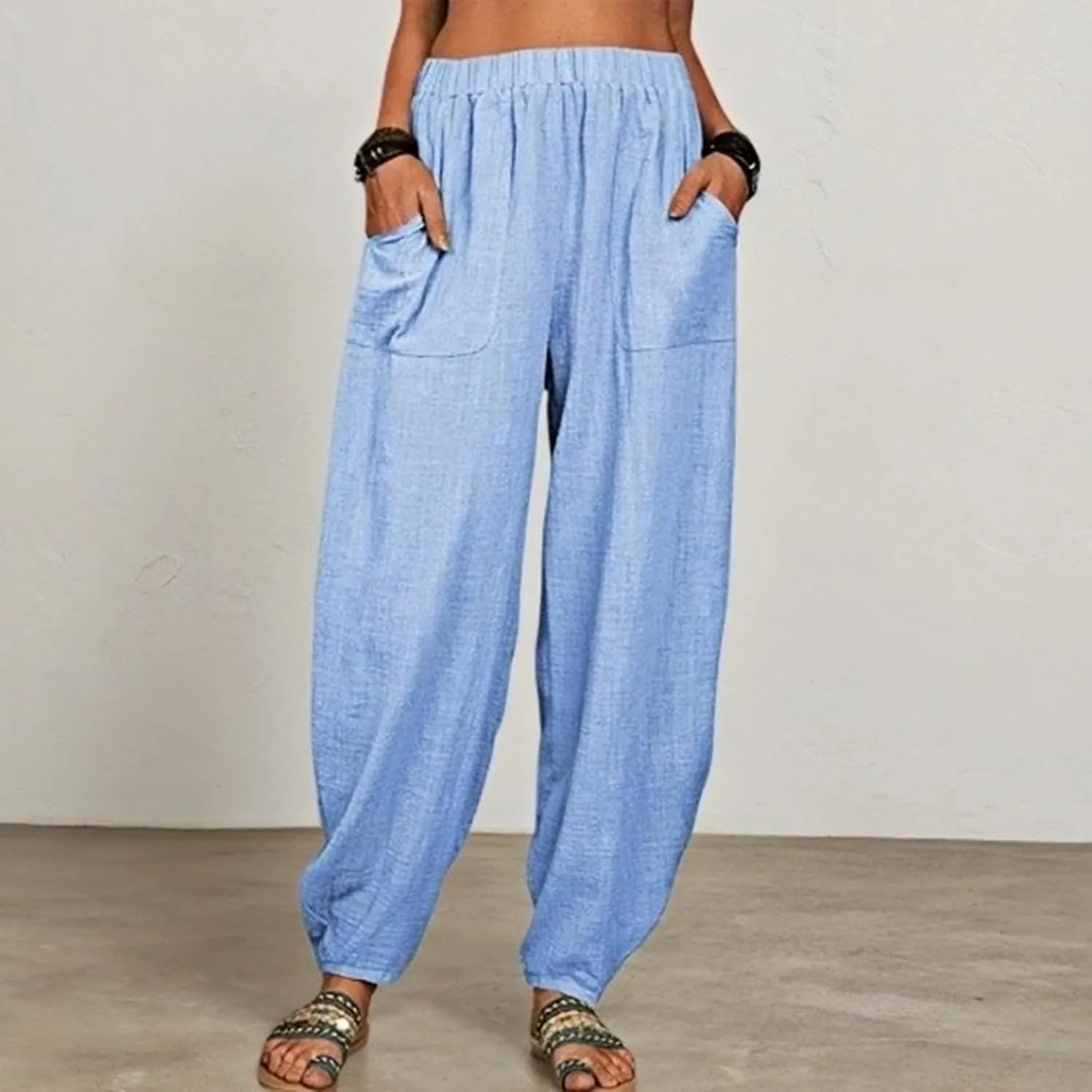 Womens Plus Size Linen Pants 2025 Casual Loose High Waisted Pants Beach Pants Summer Lounge Comfy Trousers with Pockets