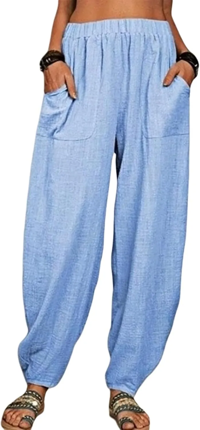 Womens Plus Size Linen Pants 2025 Casual Loose High Waisted Pants Beach Pants Summer Lounge Comfy Trousers with Pockets