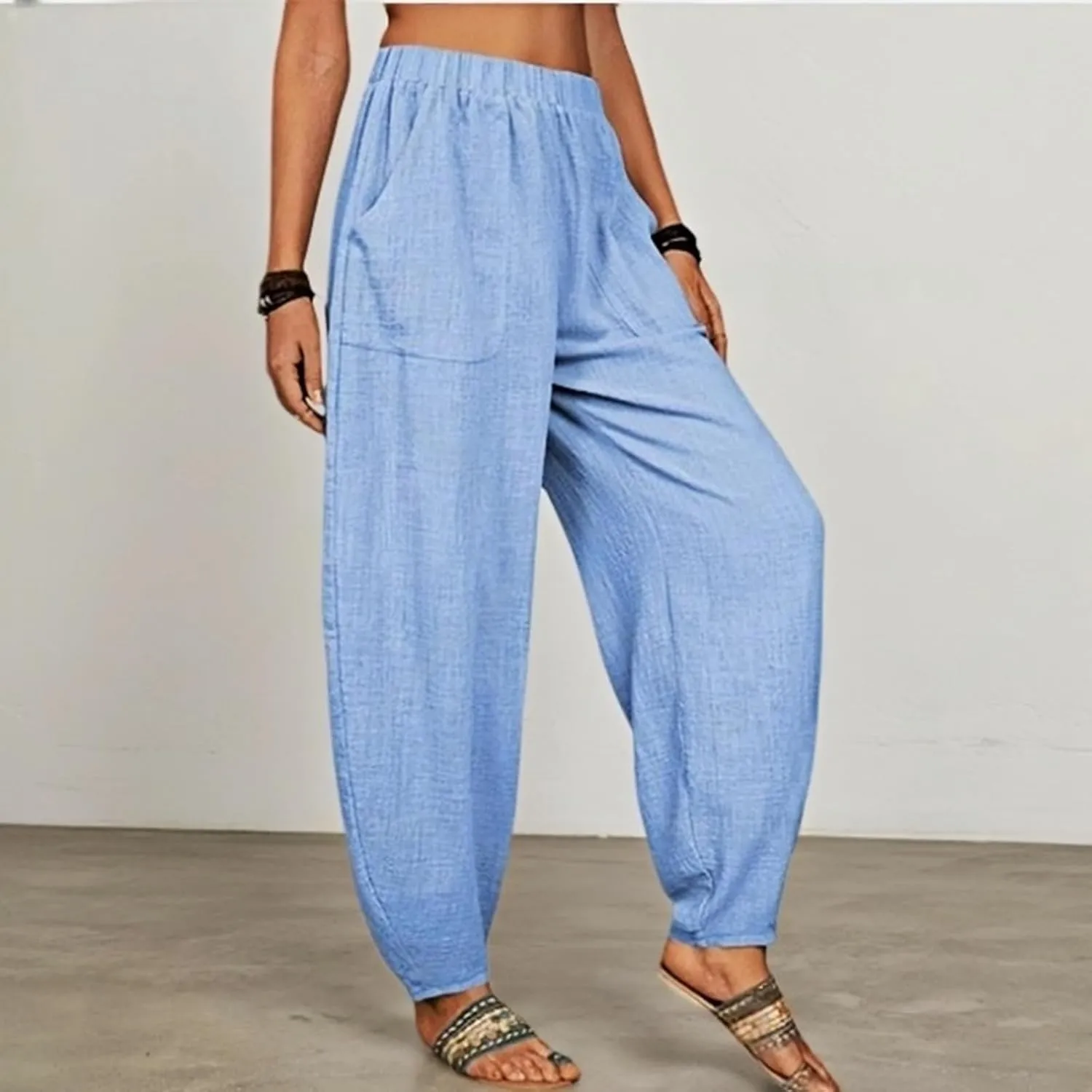 Womens Plus Size Linen Pants 2025 Casual Loose High Waisted Pants Beach Pants Summer Lounge Comfy Trousers with Pockets