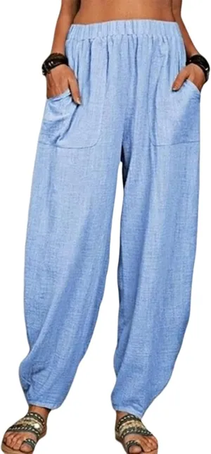 Womens Plus Size Linen Pants 2025 Casual Loose High Waisted Pants Beach Pants Summer Lounge Comfy Trousers with Pockets