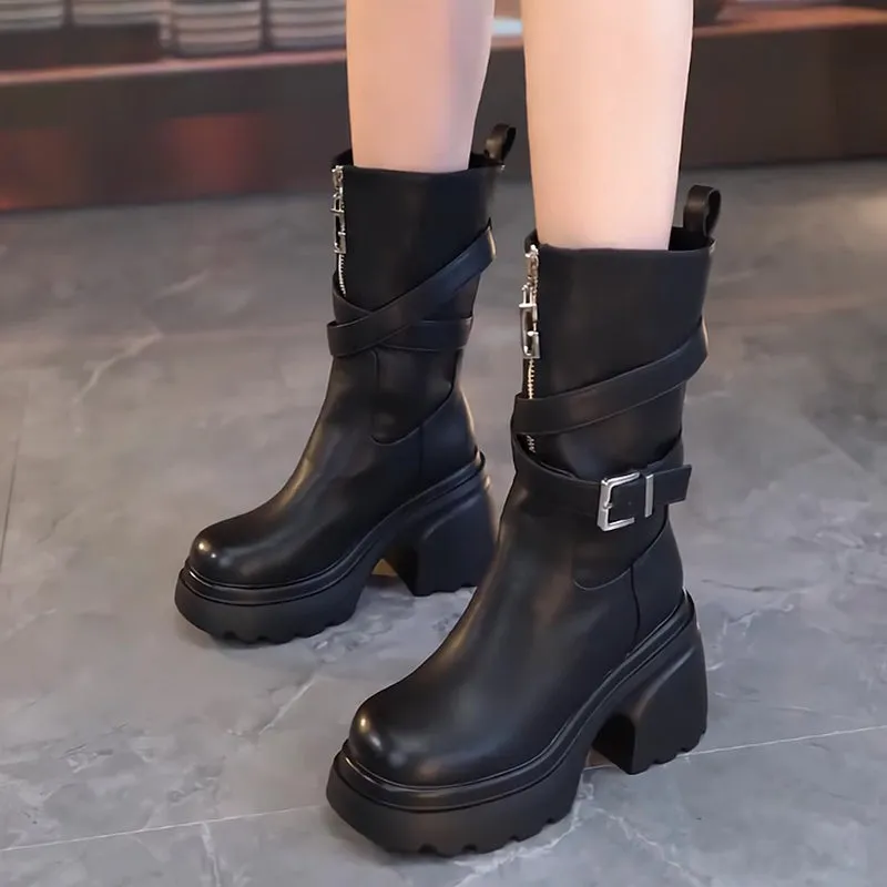 Womens Plush-Lined Chunky Heel Mid-Calf Boots