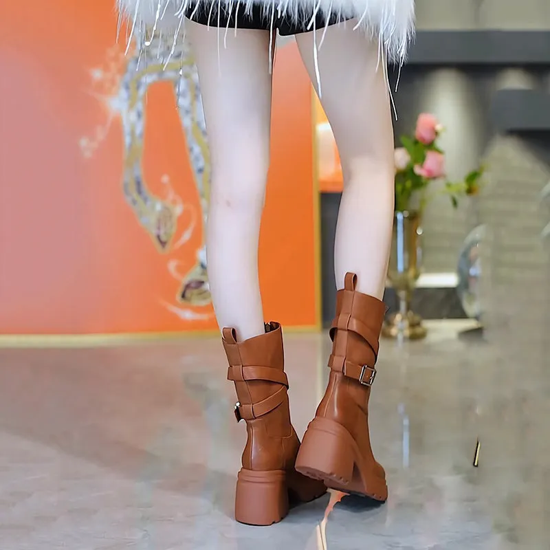 Womens Plush-Lined Chunky Heel Mid-Calf Boots
