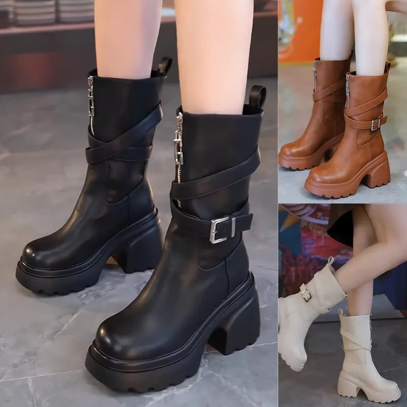 Womens Plush-Lined Chunky Heel Mid-Calf Boots