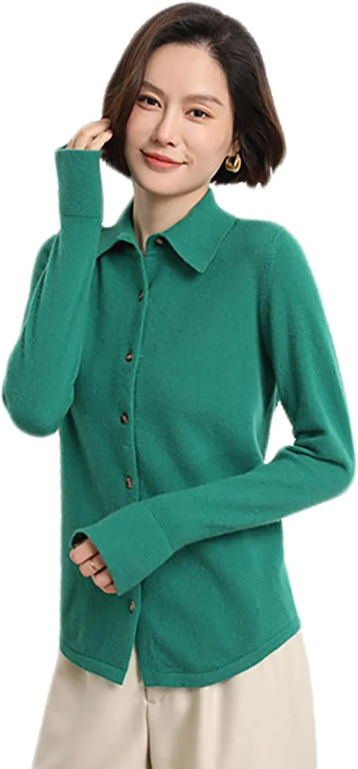 Women's Polo Cardigan Sweater Solid Button Long Sleeve Classic Neck Knit Cardigan Sweater Casual