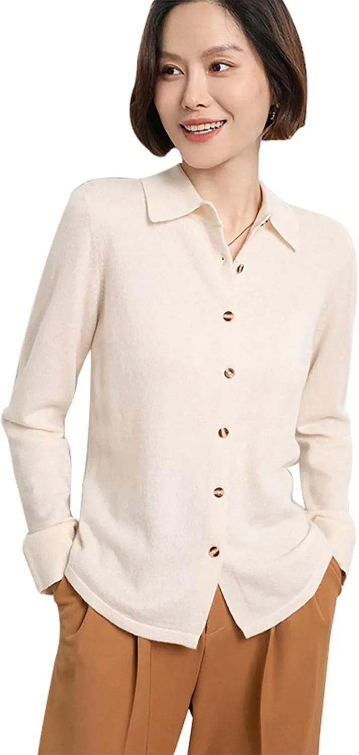 Women's Polo Cardigan Sweater Solid Button Long Sleeve Classic Neck Knit Cardigan Sweater Casual