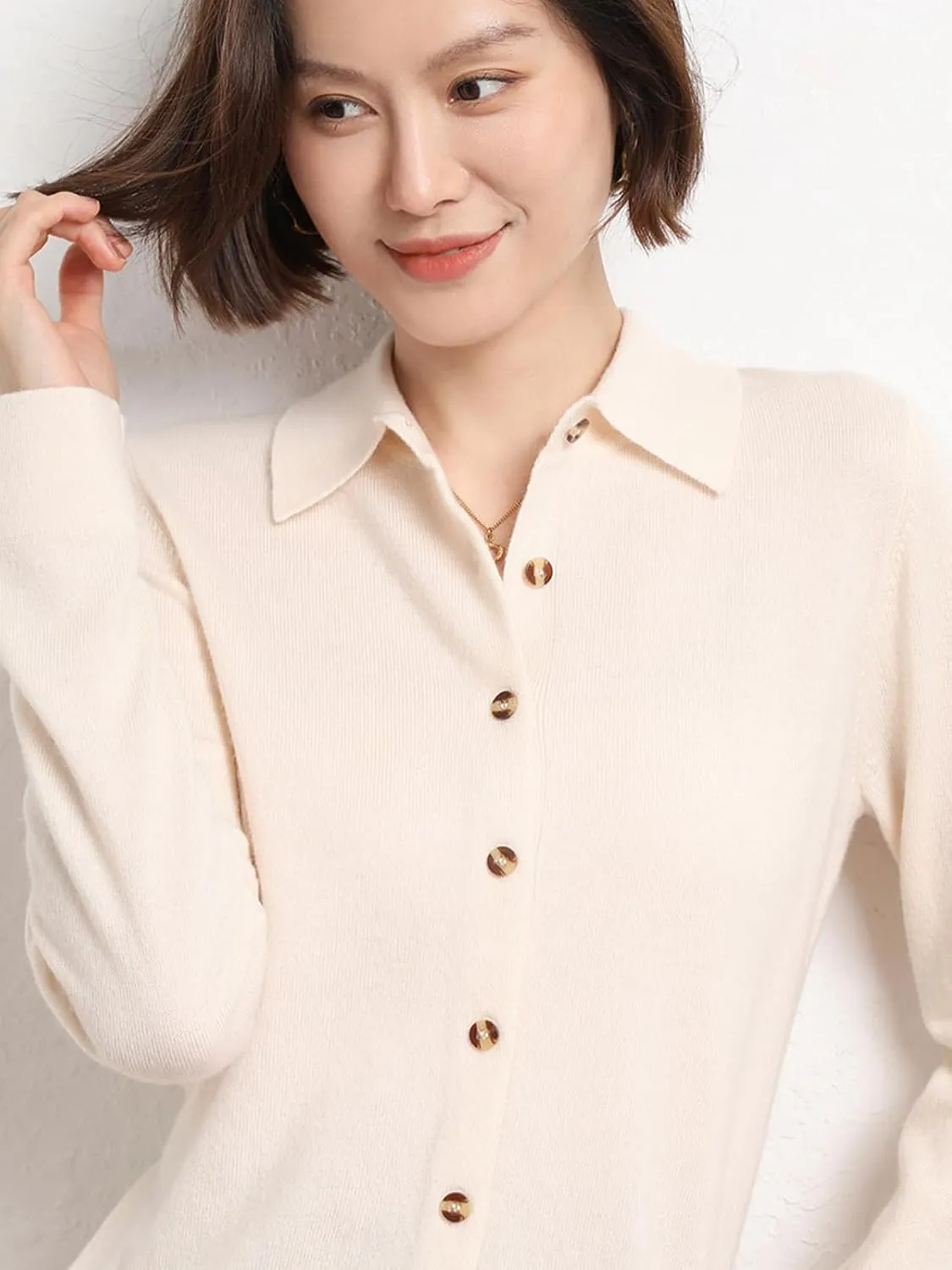 Women's Polo Cardigan Sweater Solid Button Long Sleeve Classic Neck Knit Cardigan Sweater Casual