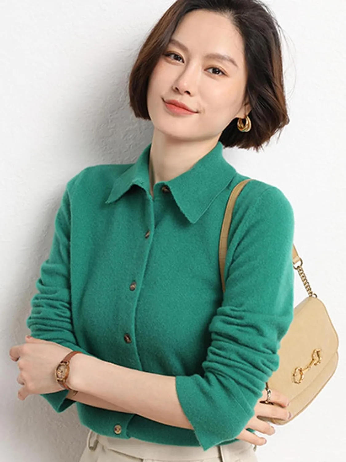 Women's Polo Cardigan Sweater Solid Button Long Sleeve Classic Neck Knit Cardigan Sweater Casual