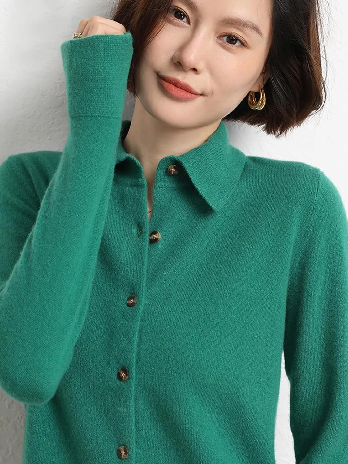 Women's Polo Cardigan Sweater Solid Button Long Sleeve Classic Neck Knit Cardigan Sweater Casual
