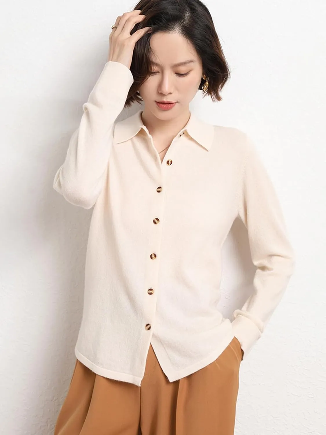 Women's Polo Cardigan Sweater Solid Button Long Sleeve Classic Neck Knit Cardigan Sweater Casual
