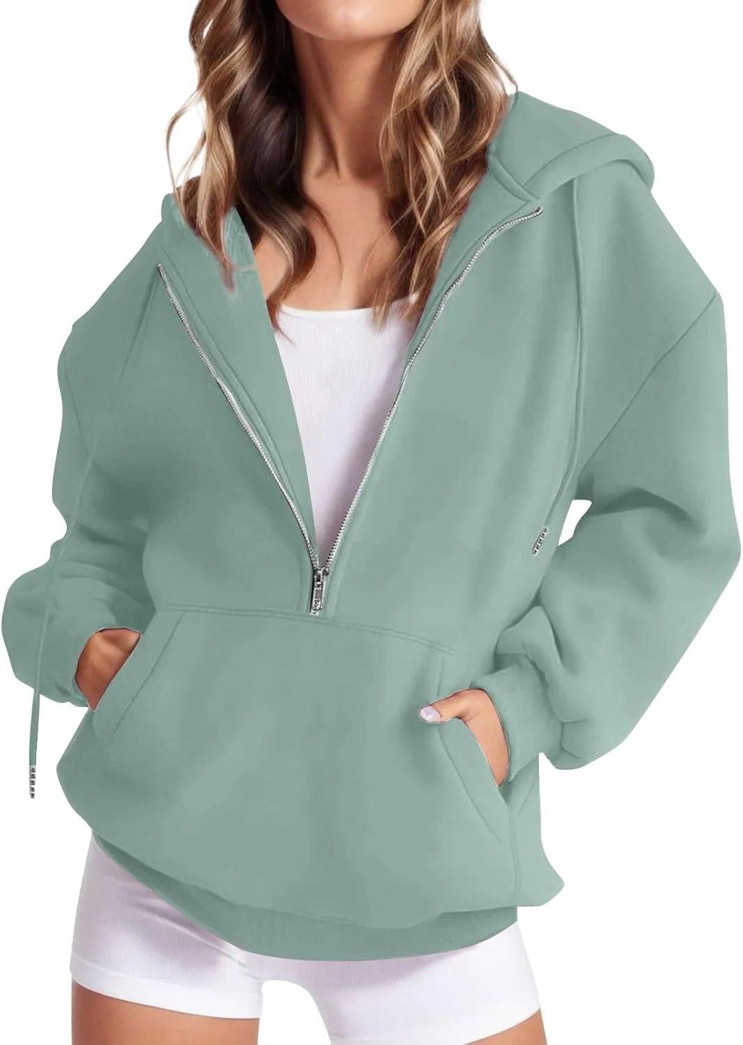 Womens Quarter Zip Pullover Long Sleeve Half Zip Hoodies Fleece Oversized Sweatshirt Fall Sweatshirts with Pockets