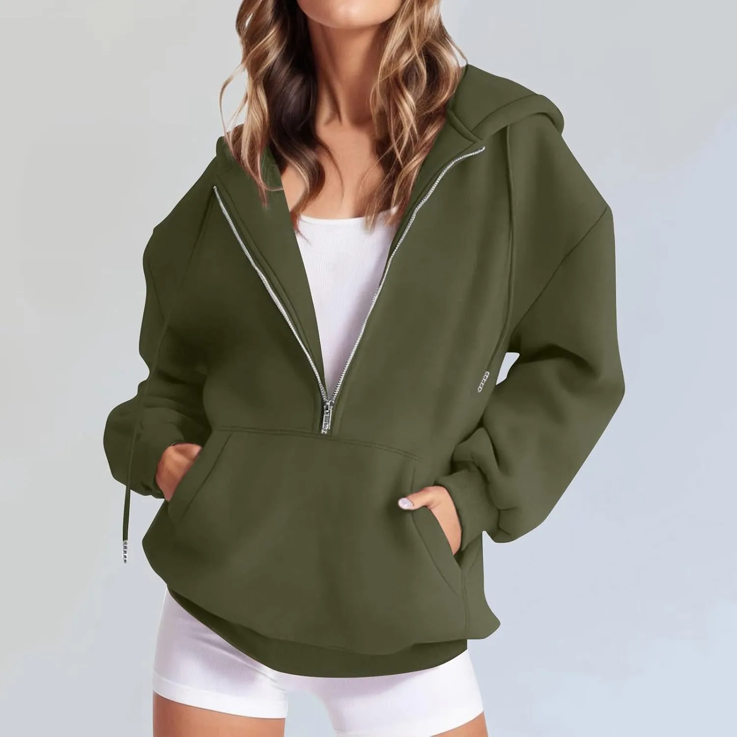 Womens Quarter Zip Pullover Long Sleeve Half Zip Hoodies Fleece Oversized Sweatshirt Fall Sweatshirts with Pockets